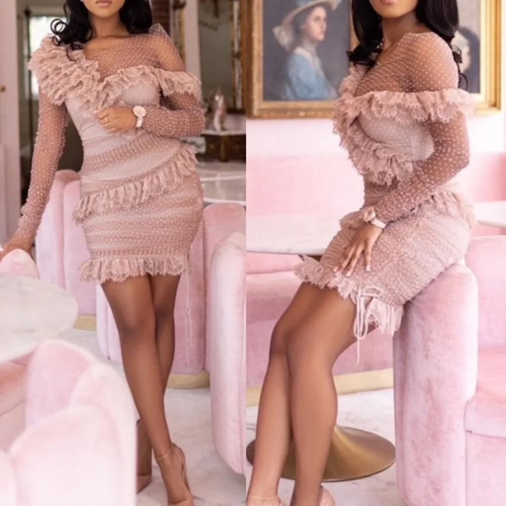 House of CB Sorrel Blush Lace Frill‎ mini Dress nwot size XS